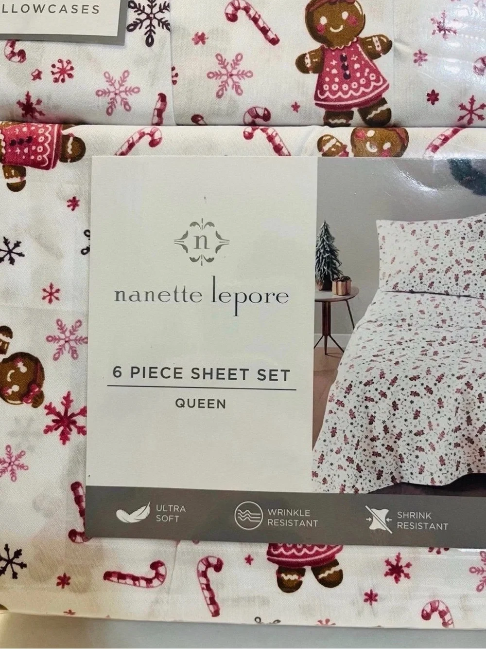 Nanette Lepore Gingerbread Girl Candy Canes Snowflakes Queen Size Sheet Set